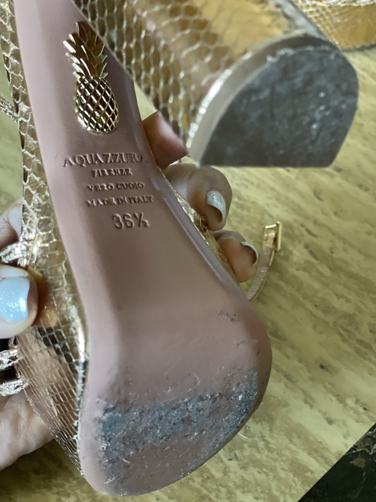 Aquazzura Gold Snake Print Strappy Leather Open Toe Buckle Sandals EU 36.5