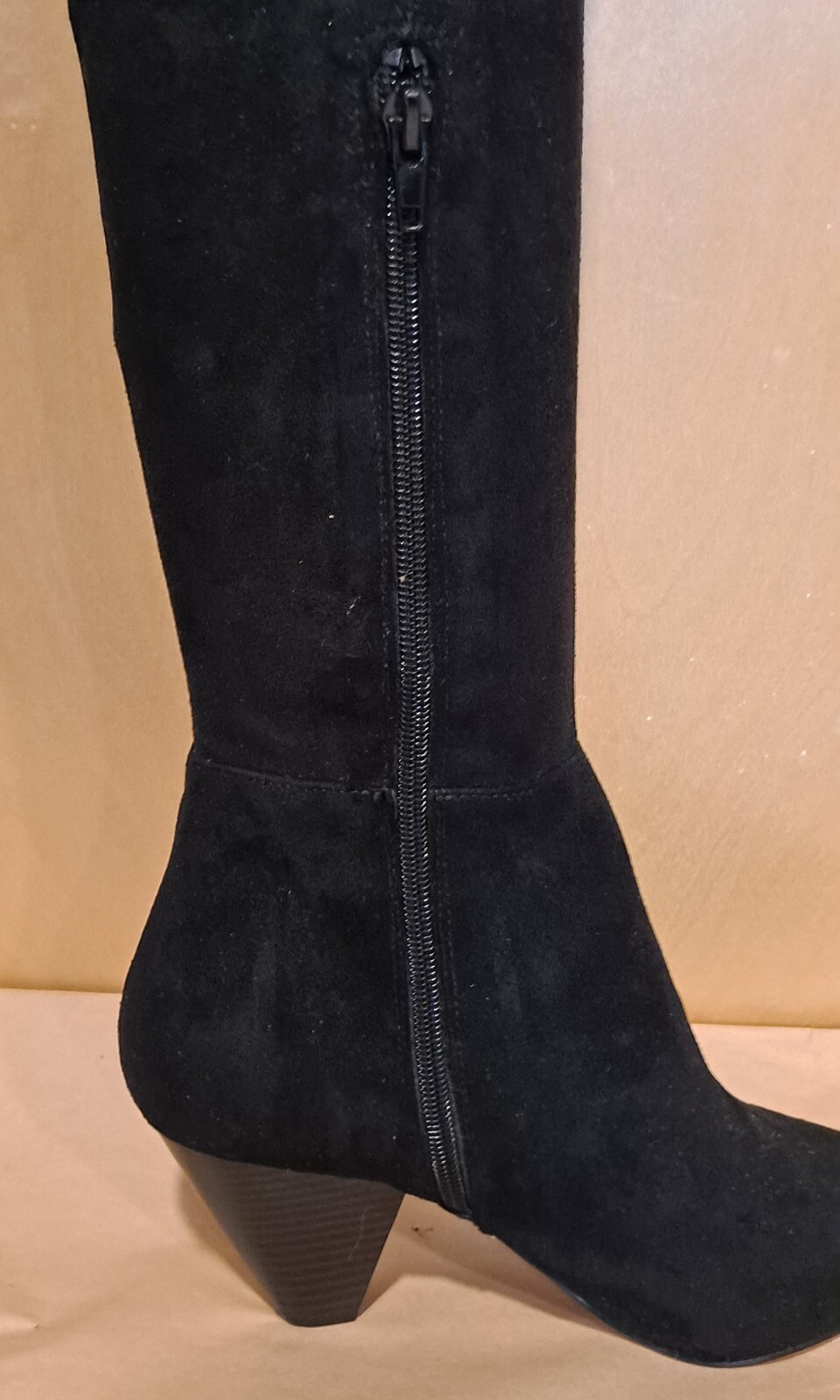 NWOT ASOS Black Faux Suede Above Knee Cone Heel Skinny Zip Up Boots Size 8.5