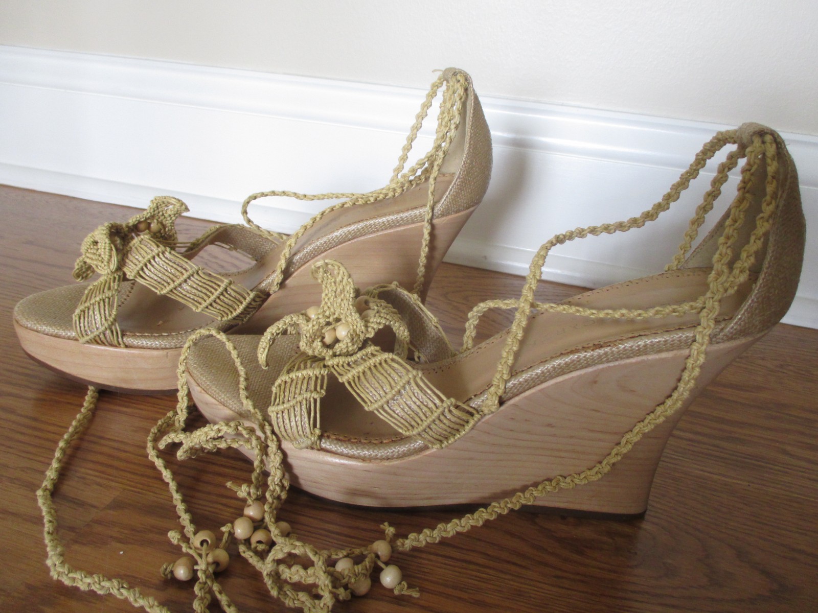 STELLA MCCARTNEY Women Raffia LACE UP Flower WEDGE Sandals Platform Bead 39.5
