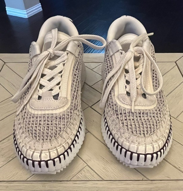 Chloe Nama Platform Sneaker Womens Size 6, Size 36 EU Gray/Burgundy Knit Fabric
