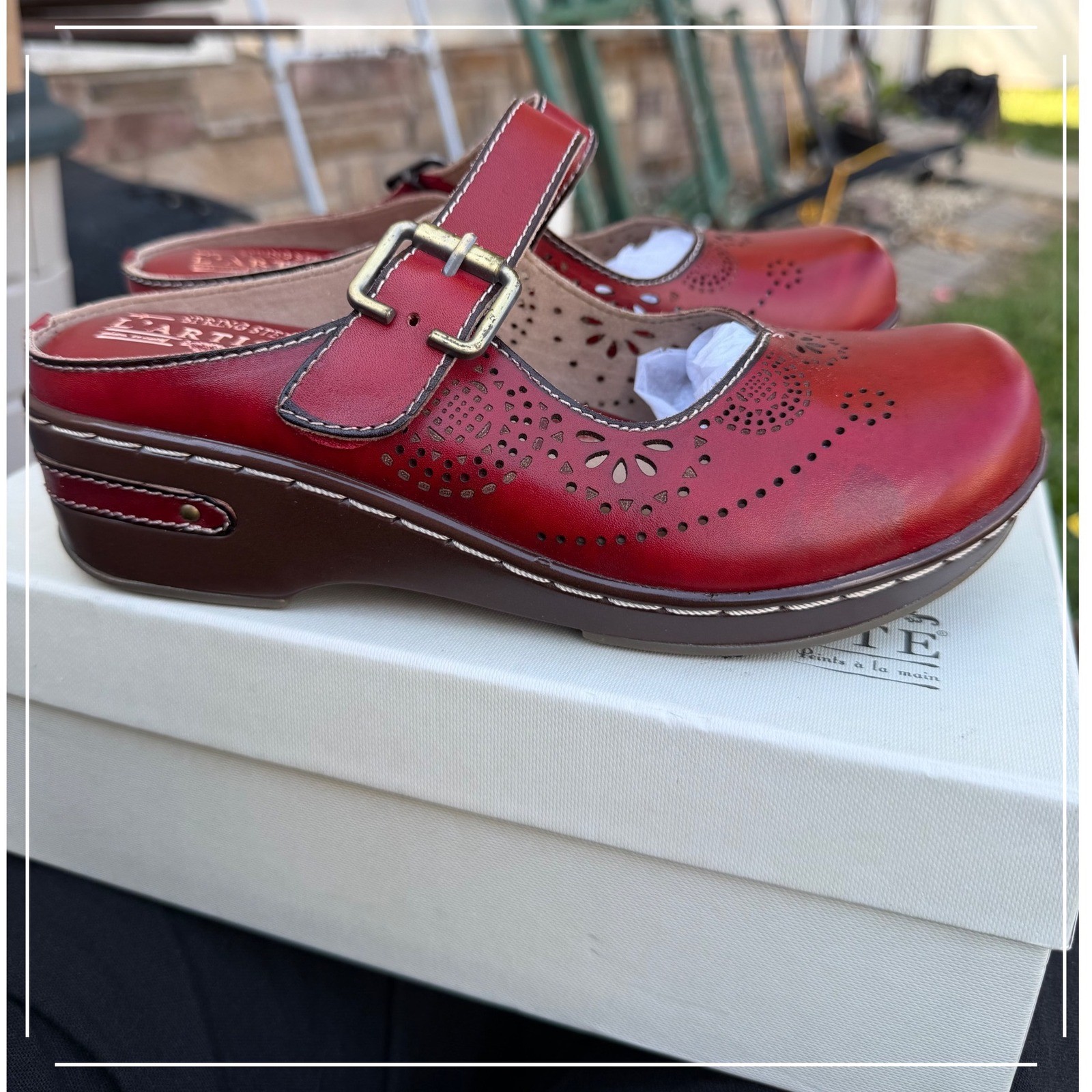 Spring Step L’Artiste Aneri Red Leather Laser Cut Clog Mules Womens 38 US 7.5-8
