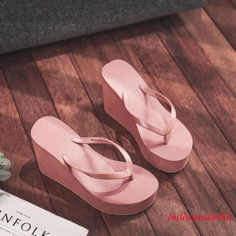 Womens Wedges Flip Flops Summer High Heels Sandals Platform Slippers Solid Shoes
