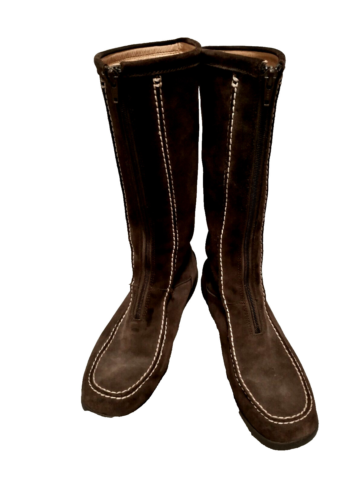 Lands’ End Women Deep Brown Leather Suede 62284 Front Zip Mid Calf Moc Boot 8.5B