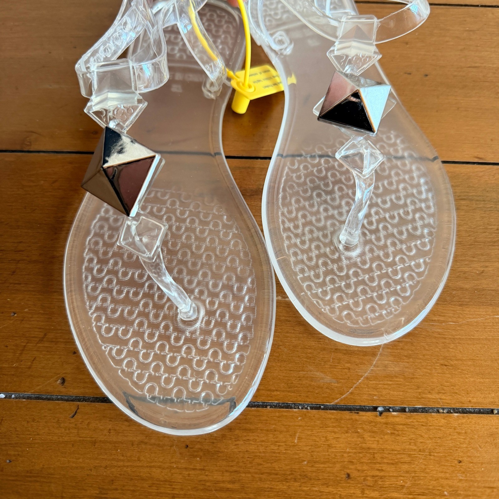 Clear Jelly Thong Sandals with Metallic Pyramid Stud T-Strap Flat Size 37