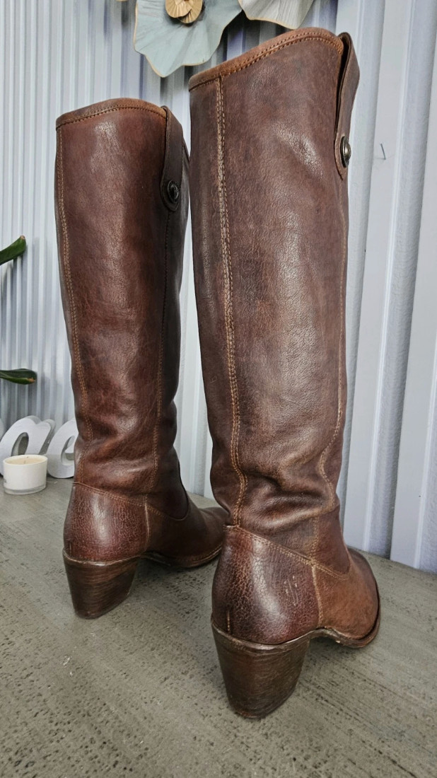 Vintage Frye Womens Jackie Button Tall Dark Brown Leather Boots Sz 7.5 / 38