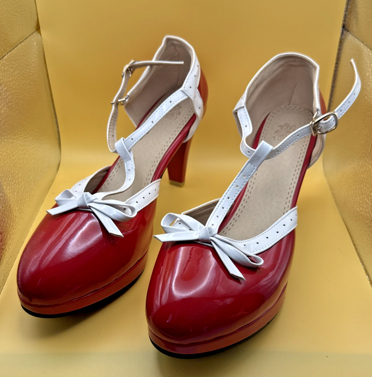 ForeMode Fashion T-Strap Bow Platform Round Toe High Heels Red/White sz 12.5