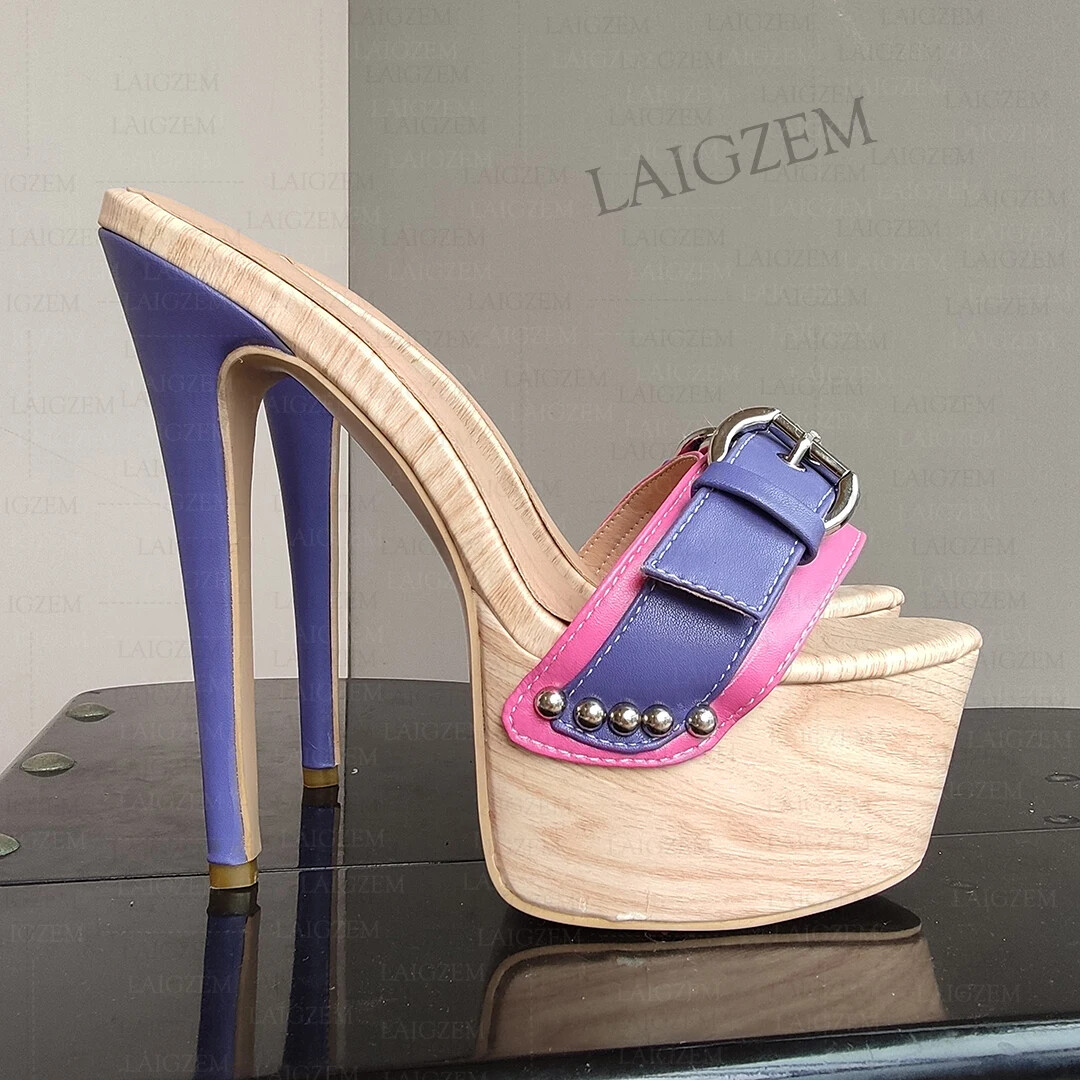 Women Mules Open Toe Slip On Faux Leather Thin High Heeled Slides Shoes Woman