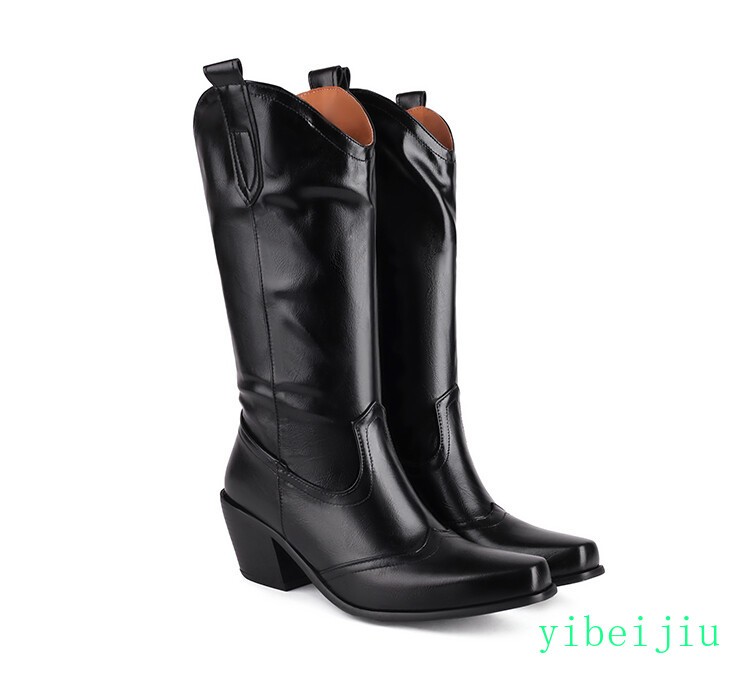 2026 Womens Mid Calf Boots Riding Western Cowboy Shoes Cuban Heel Pull On Gothic
