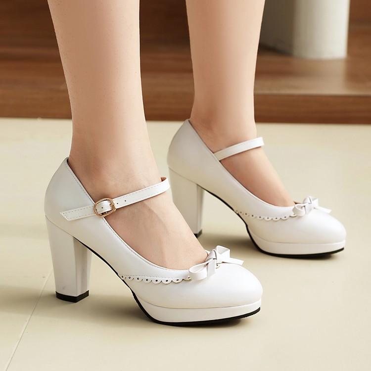Women’s Block Heel Buckle Bow Mary Jane Casual Pump Sweet Ankle Strap Work Shoes