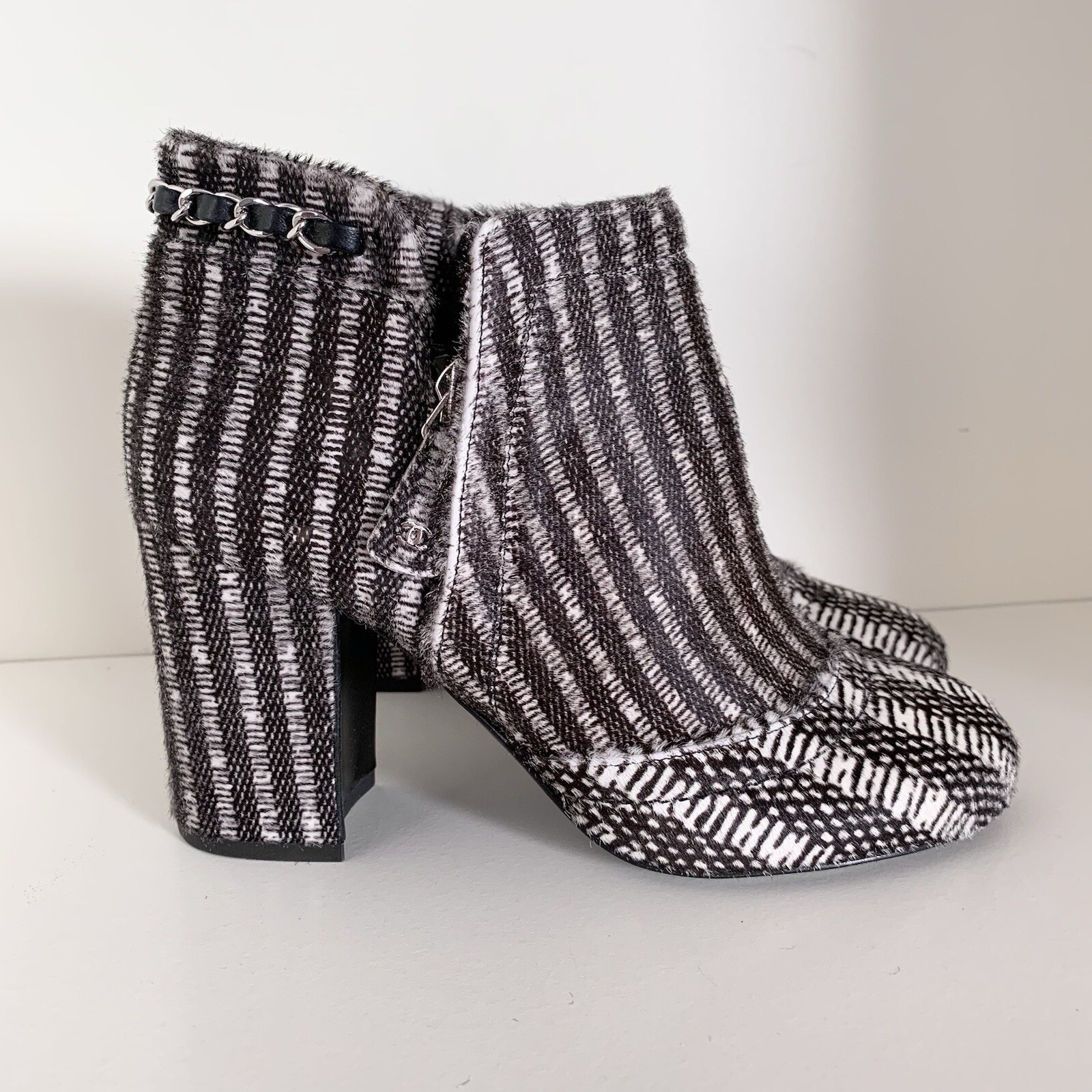 Chanel Pony Hair Chain Logo Zipper Heel Boots 36 Retail $2100