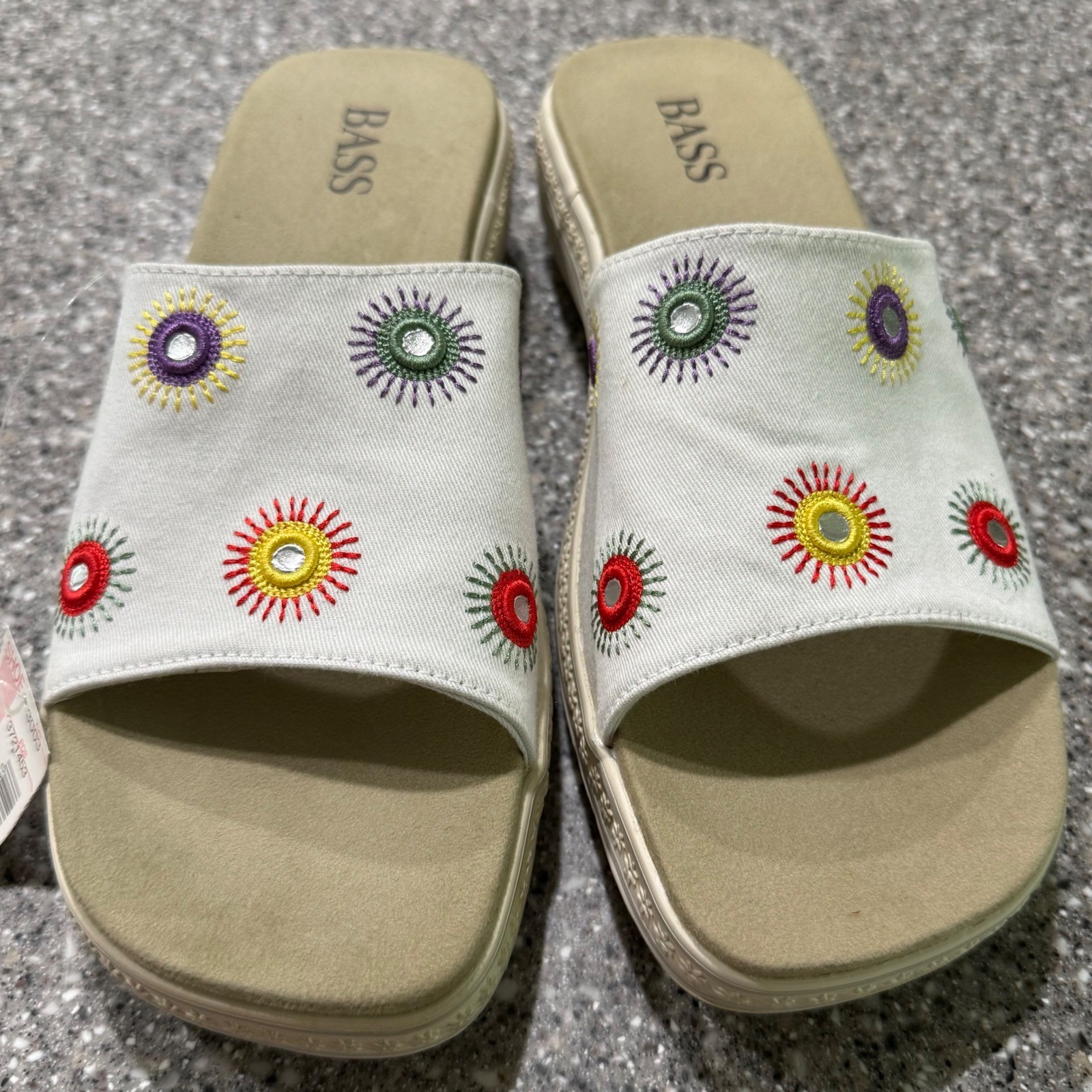 Bass Janda White Canvas Embroidered Sunburst Slide Sandals Womens 10 M Y2K 90s
