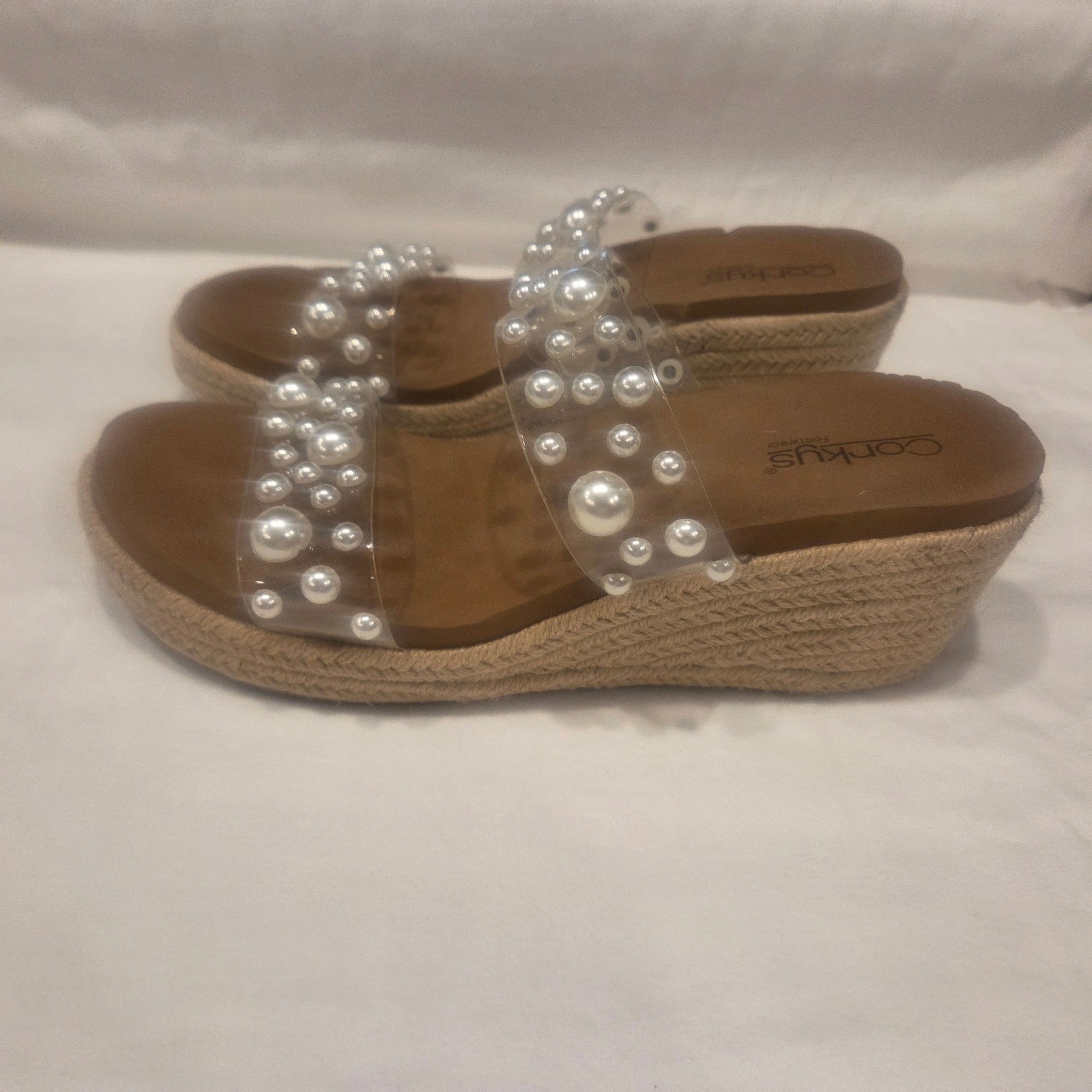 Corkys Footwear Pearl Clear Strap Espadrille Wedge Sandals Brown Womens 11