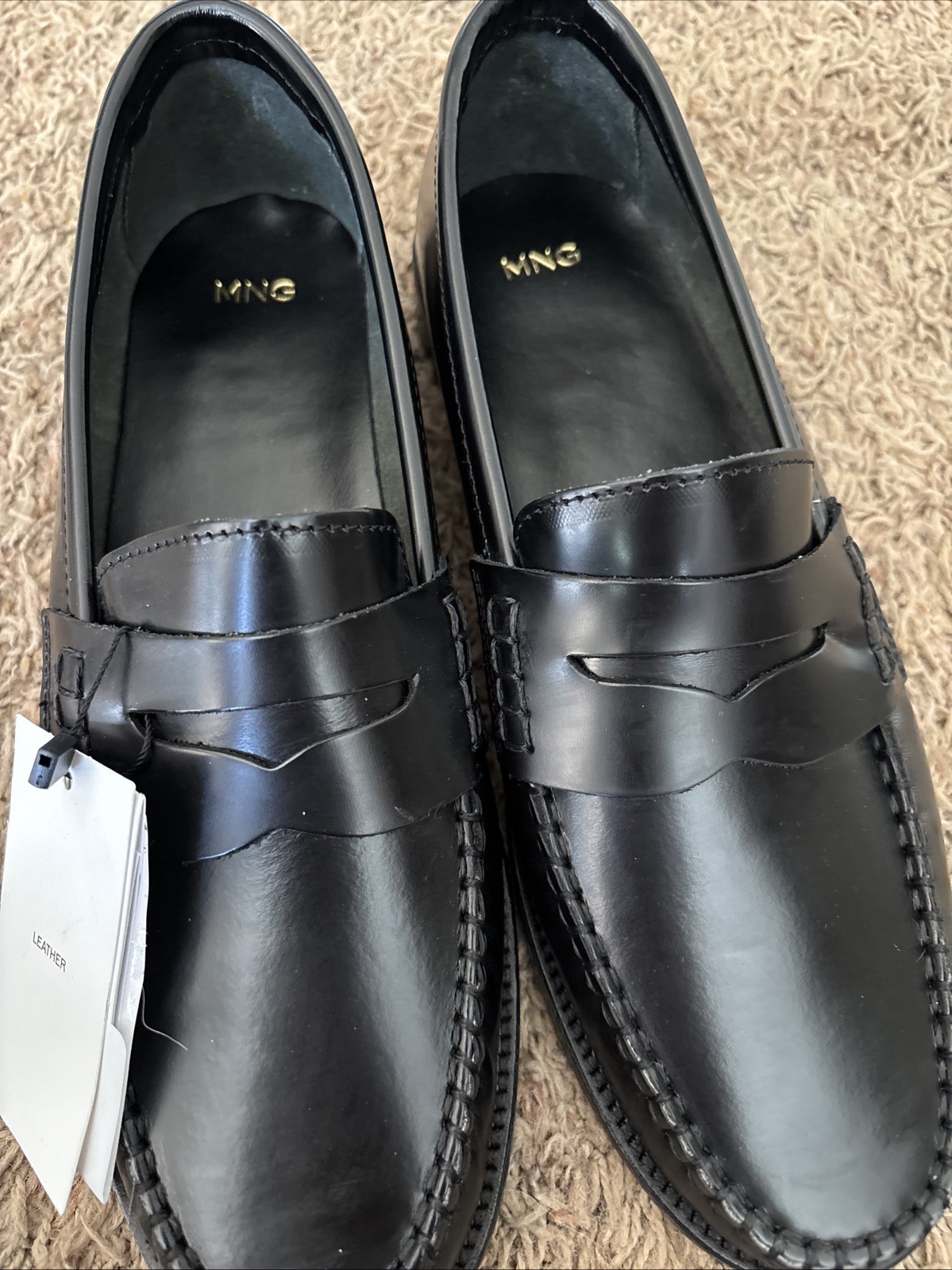MNG Mango Luisa 100% Black Leather Preppy Penny Loafers EU 40 US 9 Made In Spain