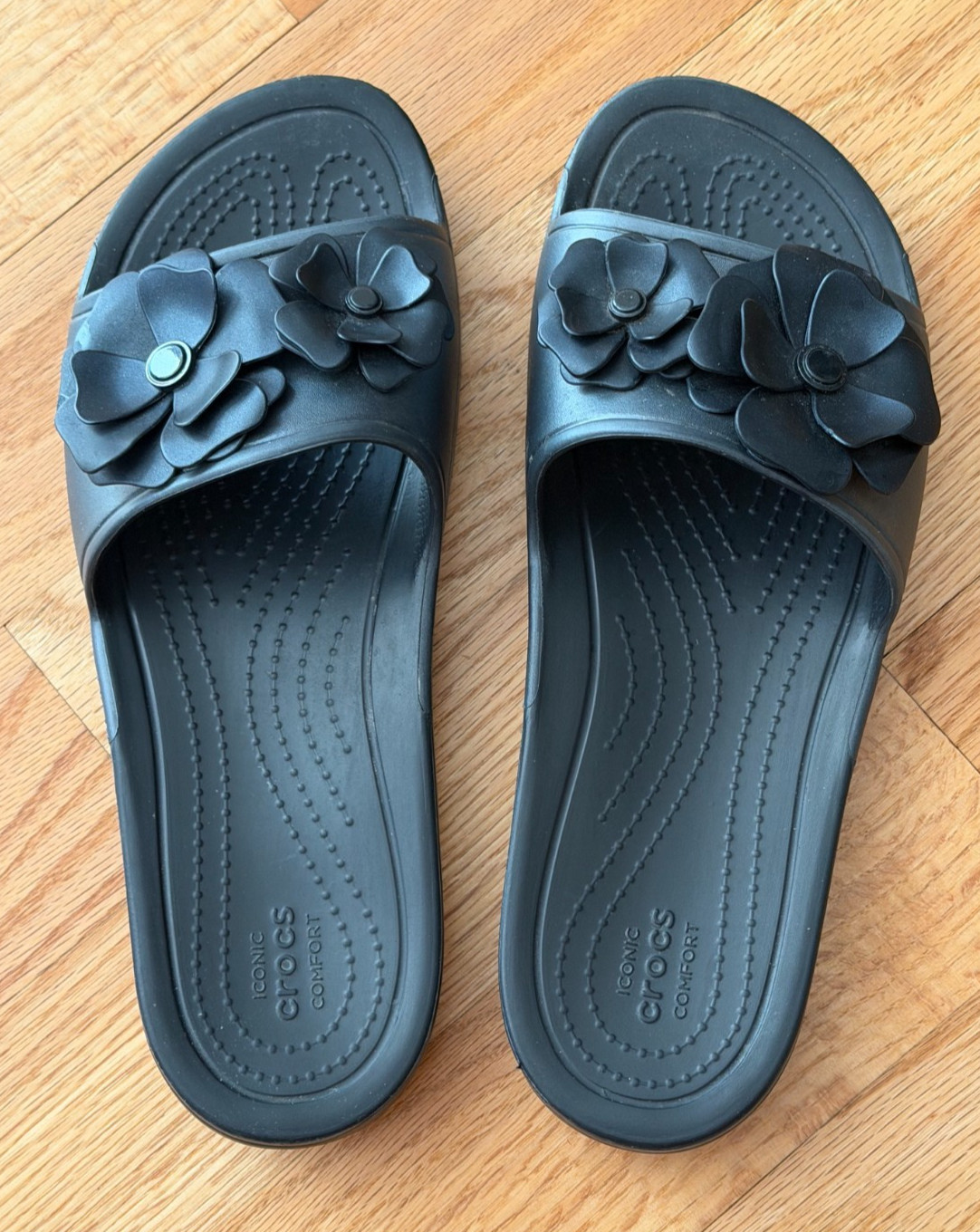 CROCS Slide Sandals Iconic Comfort Ink Blue Embellished Floral Bouquet Size 11