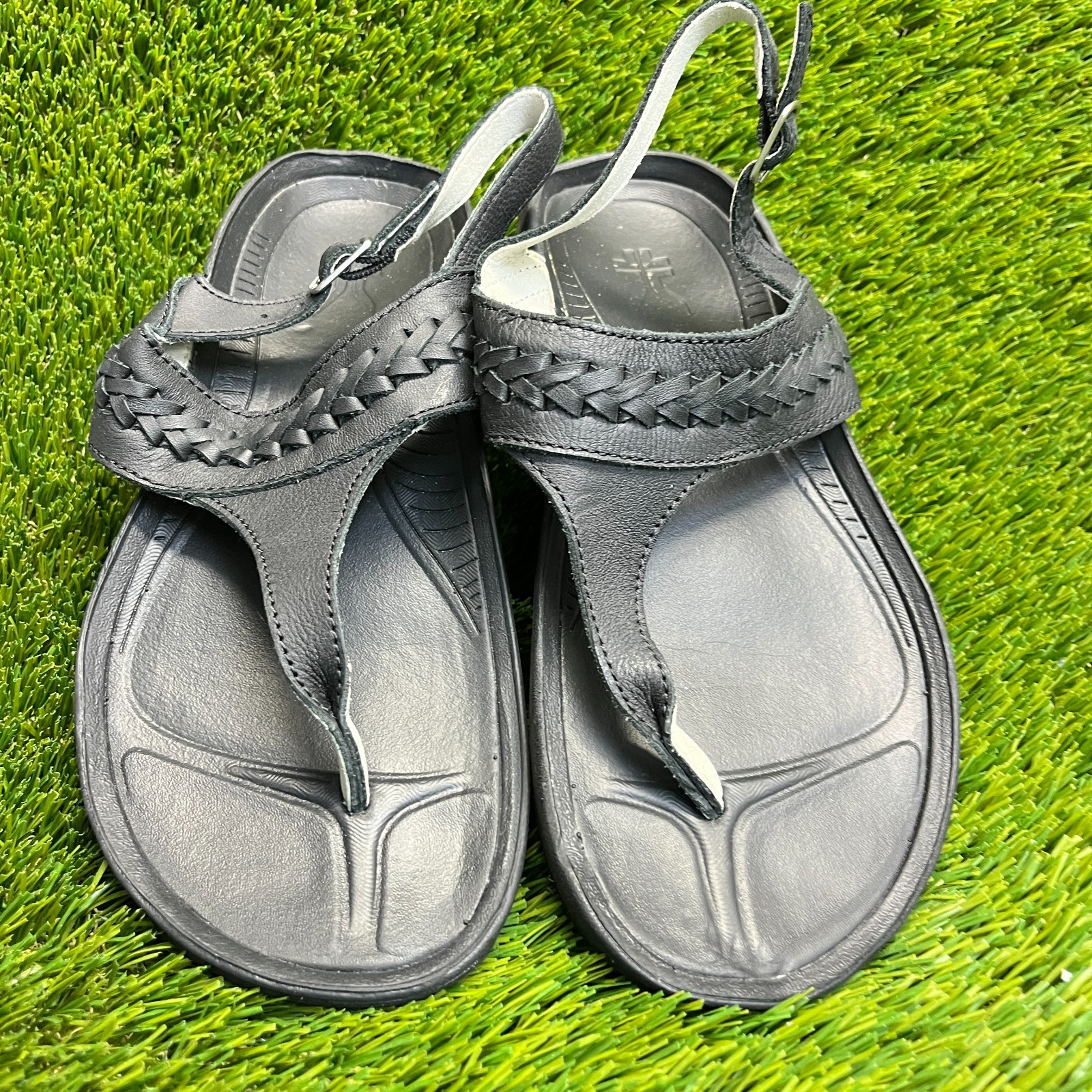 Kuru Letti Womens Size 8 Jet Black Beach Classic Outdoor Leather Thong Sandals
