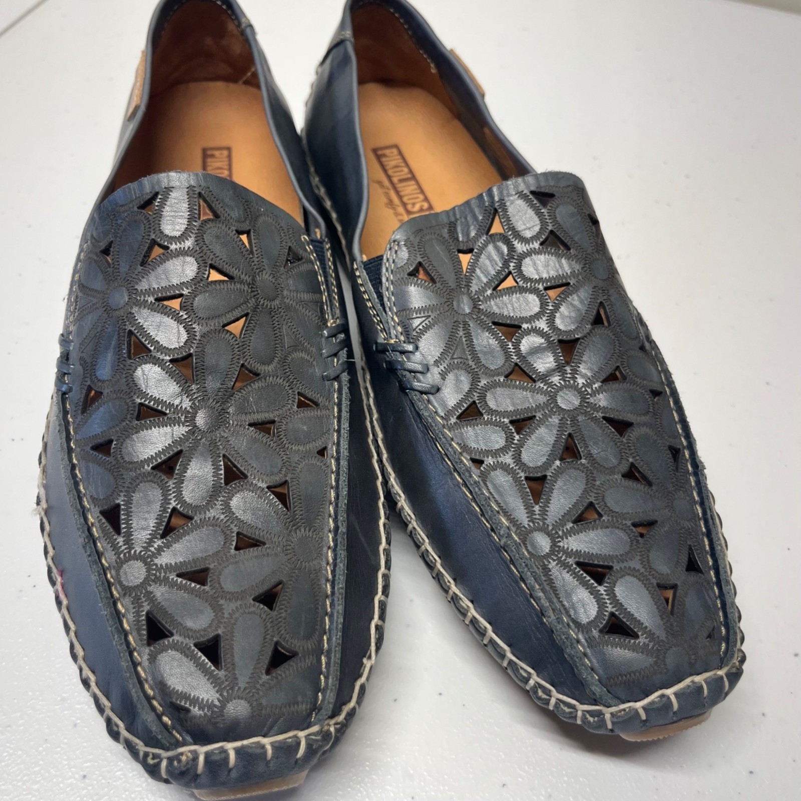 Pikolinos Jerez Loafers Leather Moccasins Slip On Floral Cut Outs Blue EU39 US8