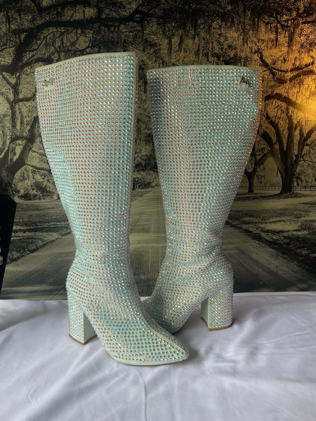 Sparkl Fairy Couture Mint Green AB Rhinestone Knee High Boots Size 9