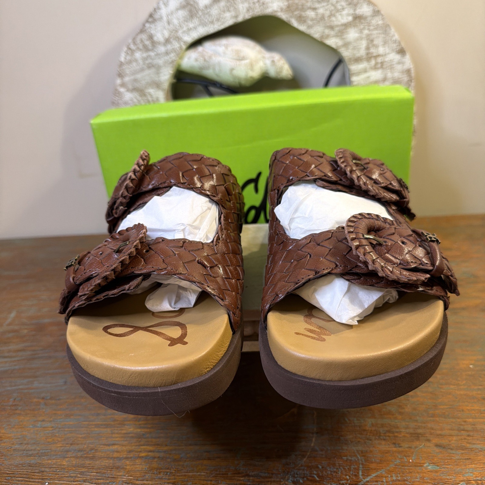 New With Box~ Sam Edelman Tiffanie Woven Leather Slides In Brandy Color. Size 7.