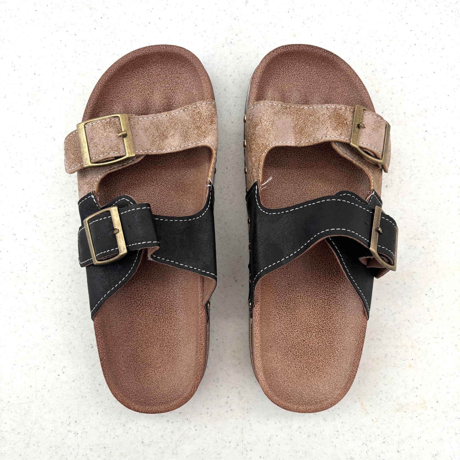 Womens Casual Everyday Double Buckle Sandals Two Tone Tan Black EU38 US 7.5