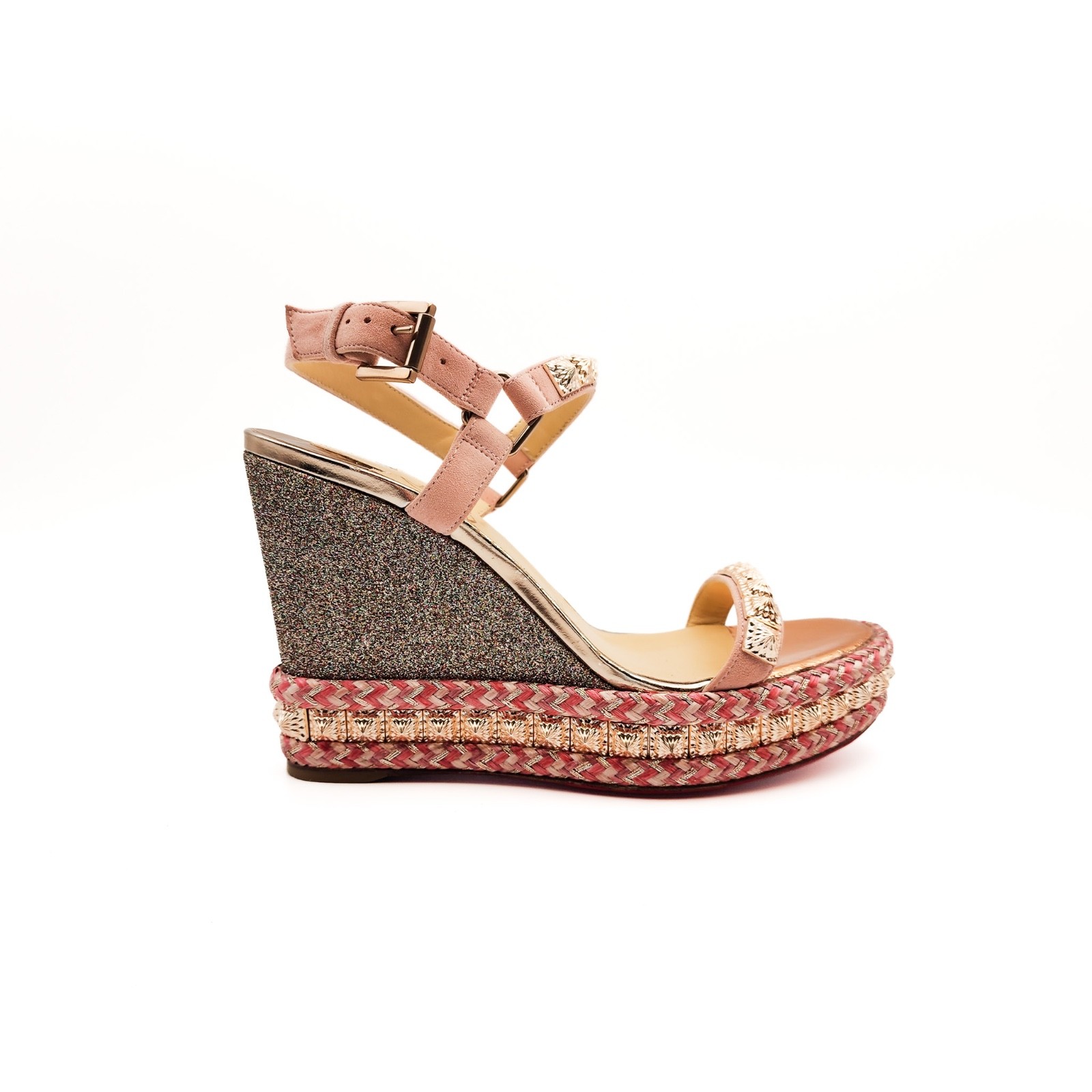 Christian Louboutin Pink Rose Gold Glitter Espadrille Platform Sandals EU 36
