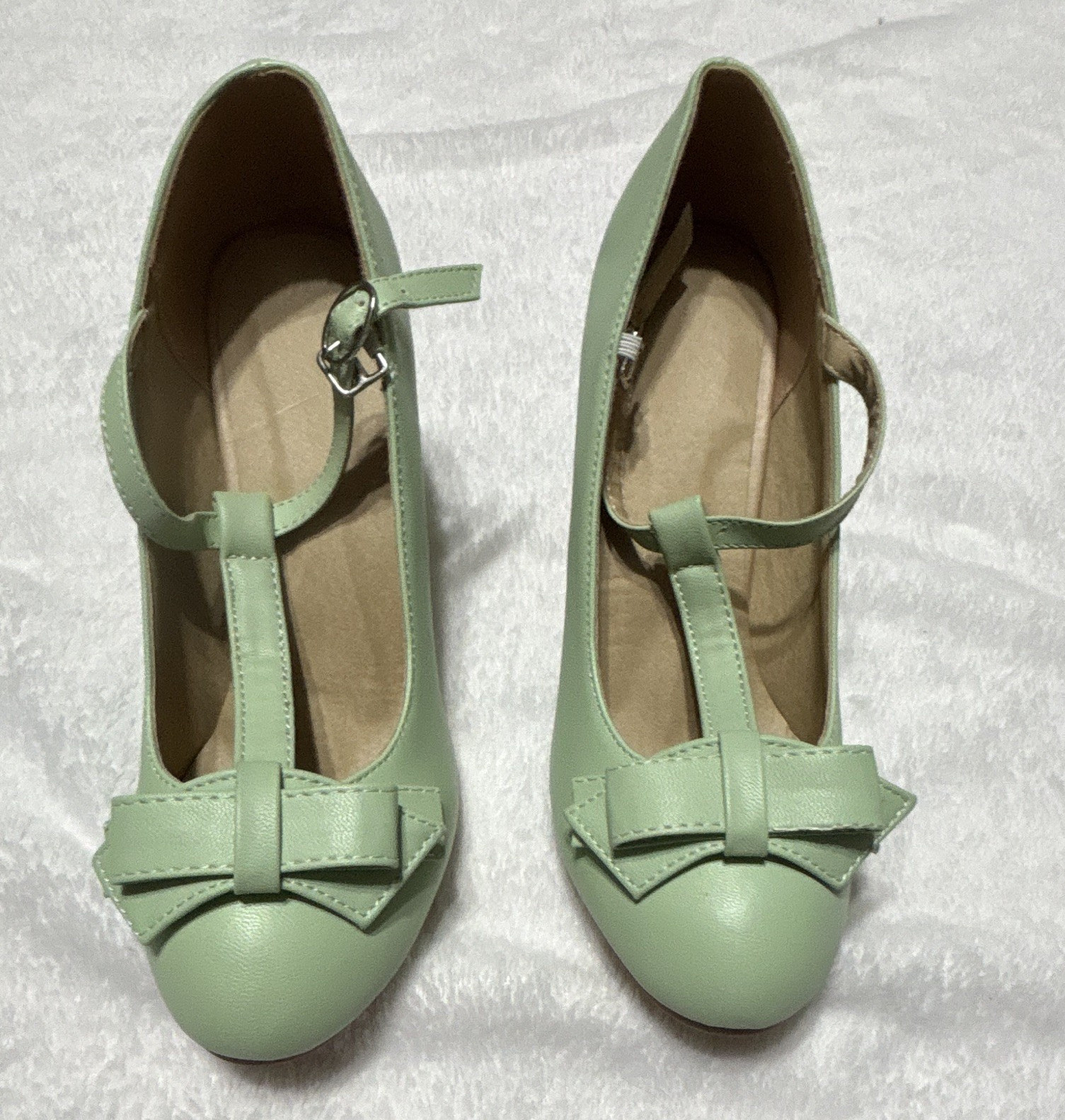 Women’s Green Mary Jane Block Heel Pumps Bow Ankle Strap Round Toe US 7.5