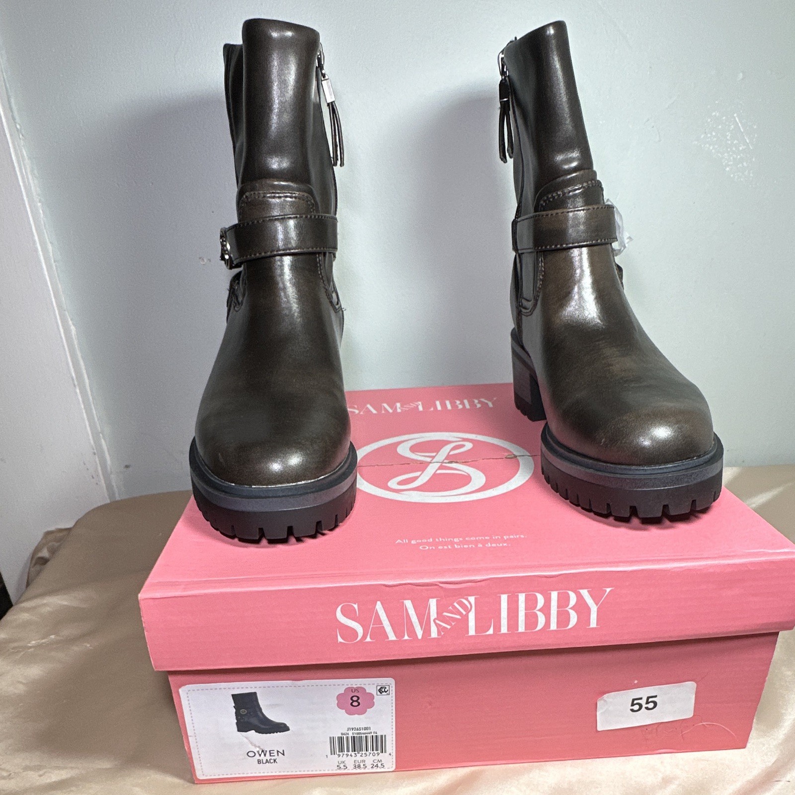 Sam & Libby Owen Black Ankle Bootie Zip Buckle Round Toe 8M New w/ Box