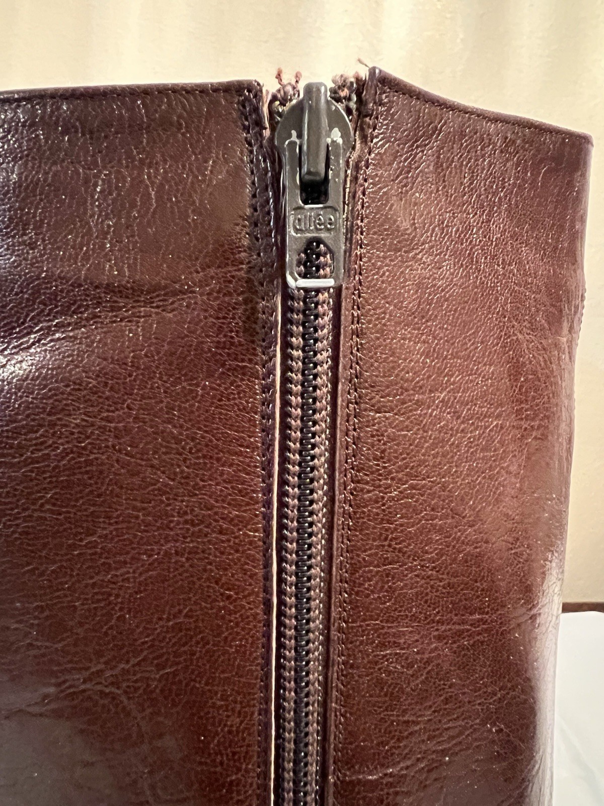 70s Vintage Halston Brown Leather Knee High Boots Womens 7M Block Heel Zip Italy