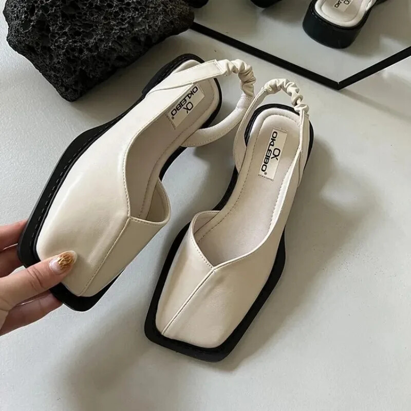 Summer Elegant Ladies Sandal Fashion Elastic Band Flat Heel Shallow Square Heel