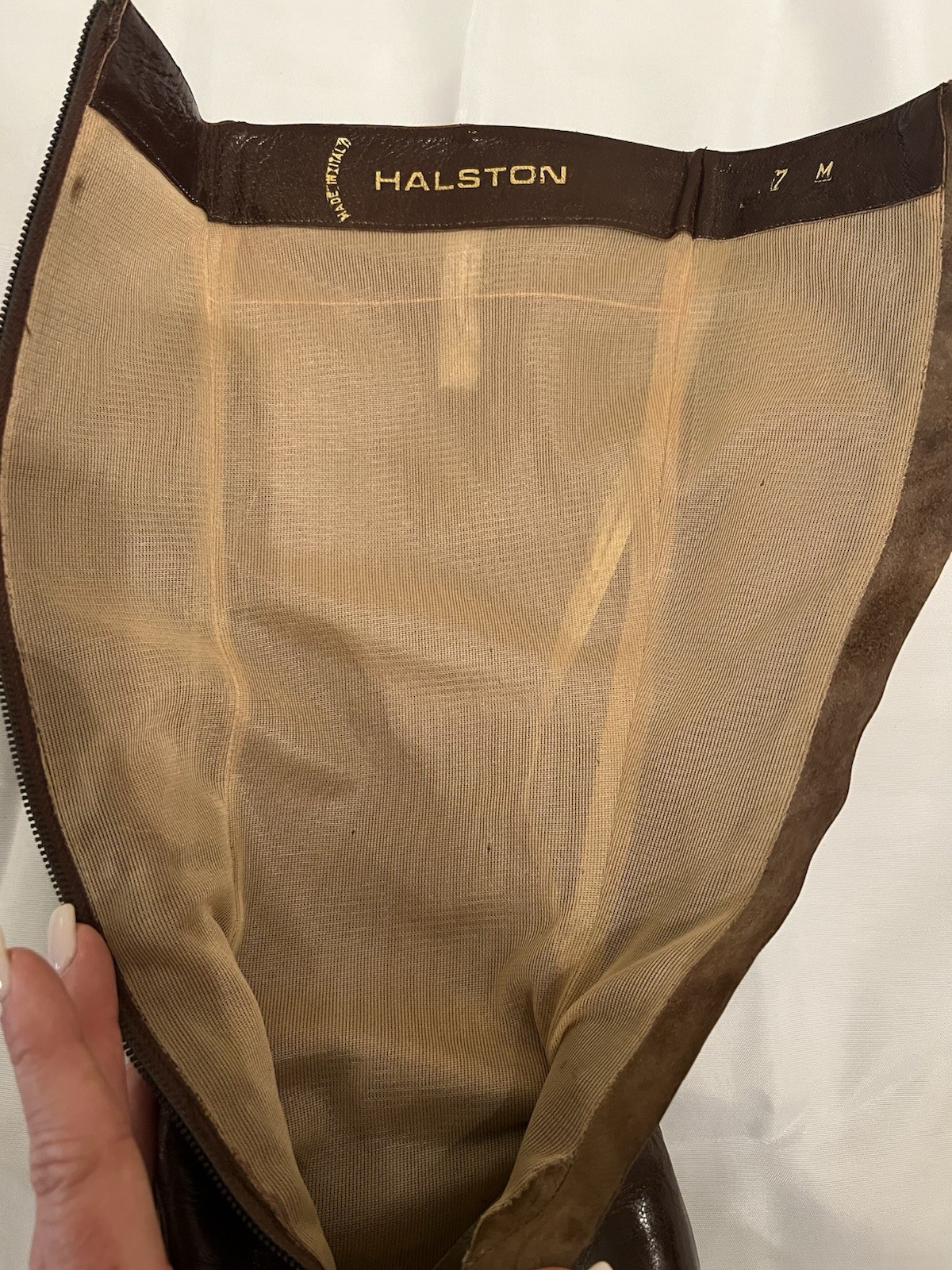 70s Vintage Halston Brown Leather Knee High Boots Womens 7M Block Heel Zip Italy