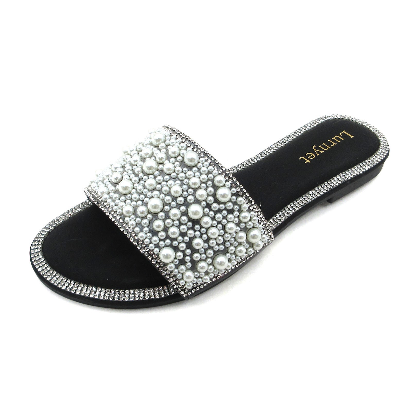 Lurnyet Women’s Cushioned Pearl Embellished Slide Sandal Rhinestone Trim