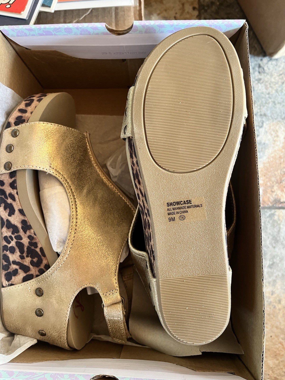 Jellypop Showcase Wedge Sandal Women’s 9M Metallic Gold/Leopard Print Open Toe