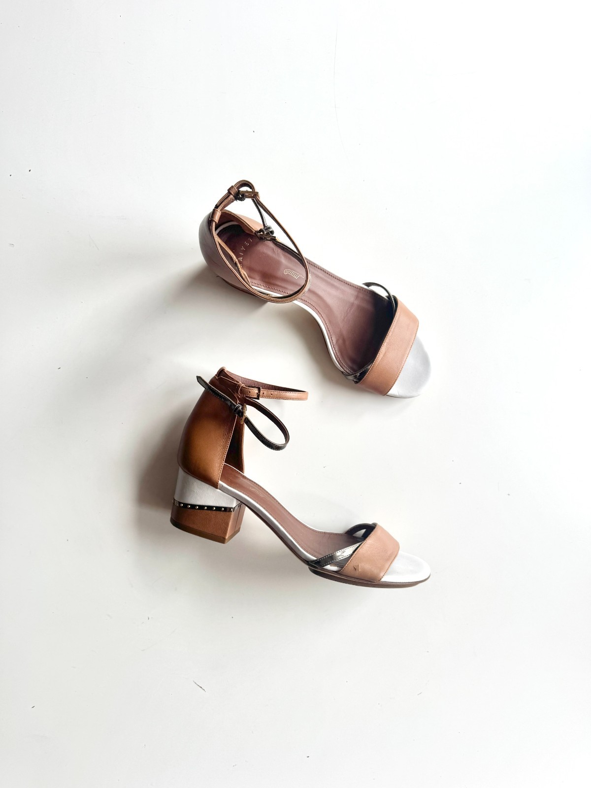 MAIYET Brown White Gold Colorblock Studded Stacked Block Heel Sandals, Size 39