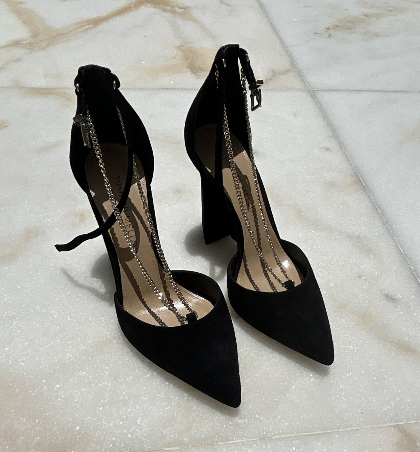 Tamara Mellon Black Suede 2 Chains Block Heel Pumps 105mm $495 NEW