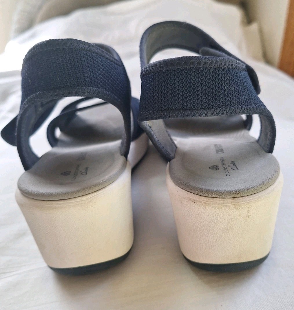 Clarks Cloudstepper Cushion Sandal Womens9.5M Blue Fabric Rip Tape Straps 2.5in