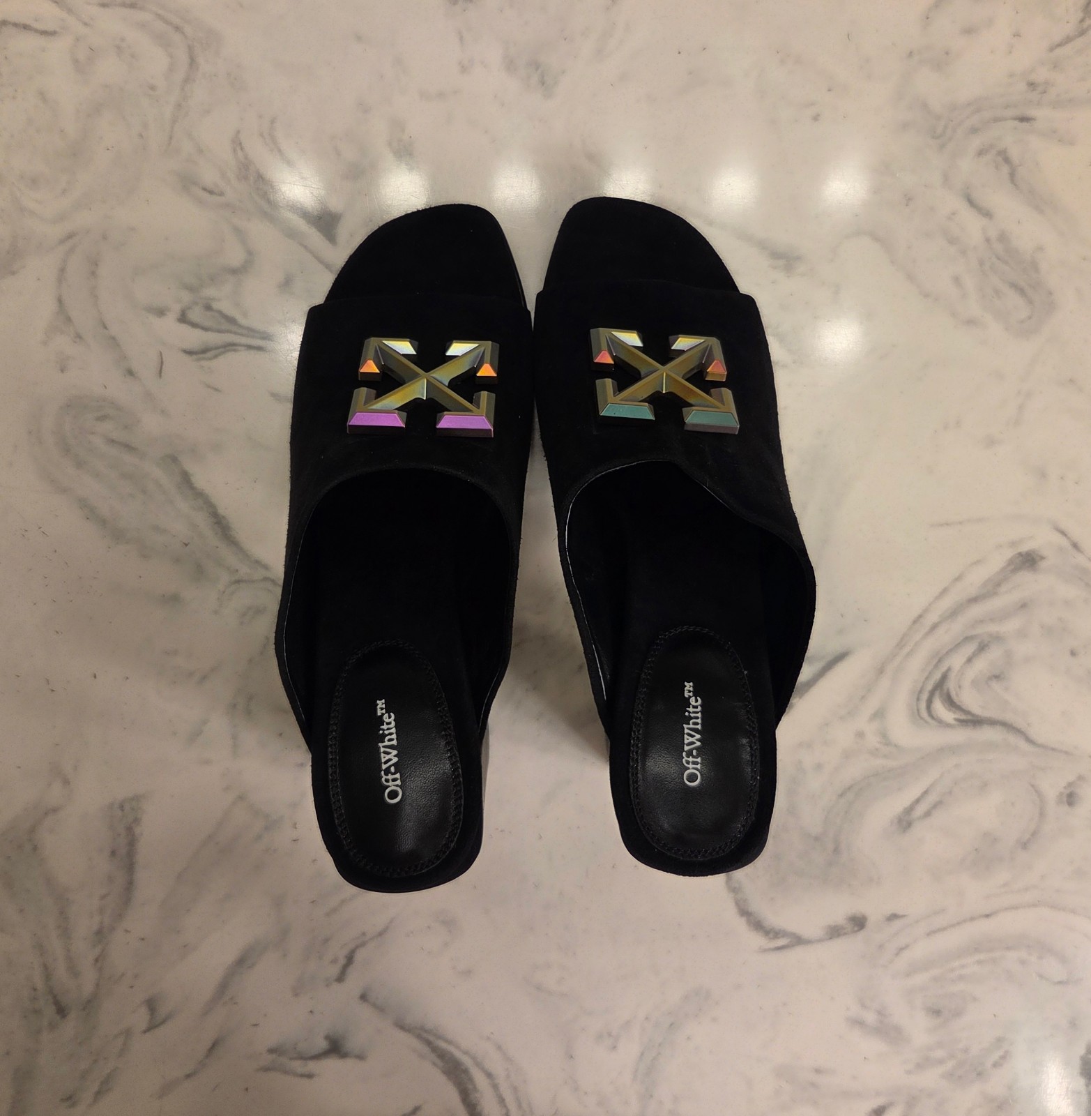 New! Off-White ‘Arrows Sabot’ Sandals Black Suede Womens 6 US 36 Eur. MSRP $900