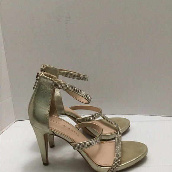 Kelly & Katie Metallic Gold Rhinestone Strappy Heels Ankle Strap Size 7.5