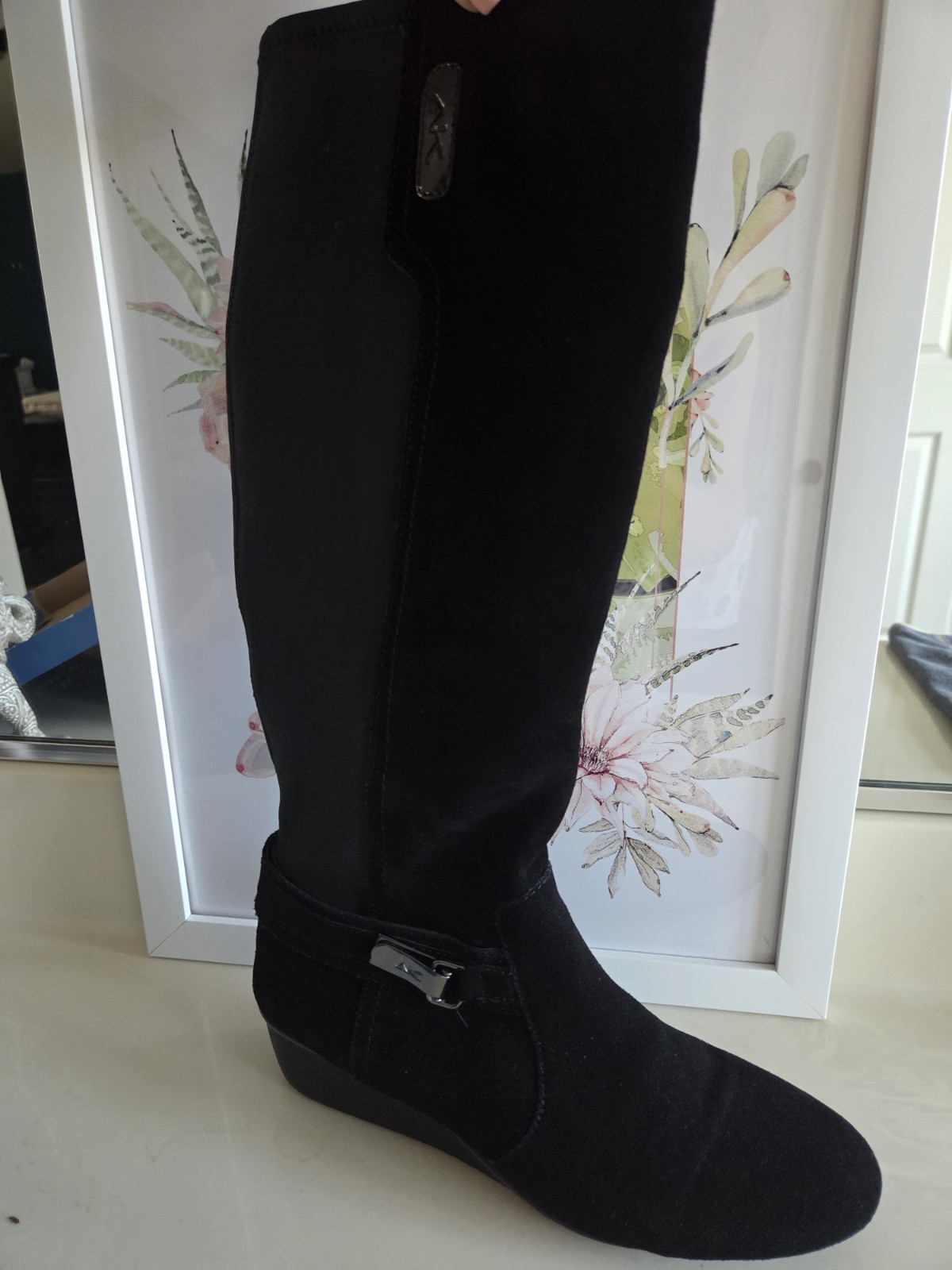 Anne Klein AKDRAFT Women’s Black Knee High Wedge Leather Zip Boots US 10 M