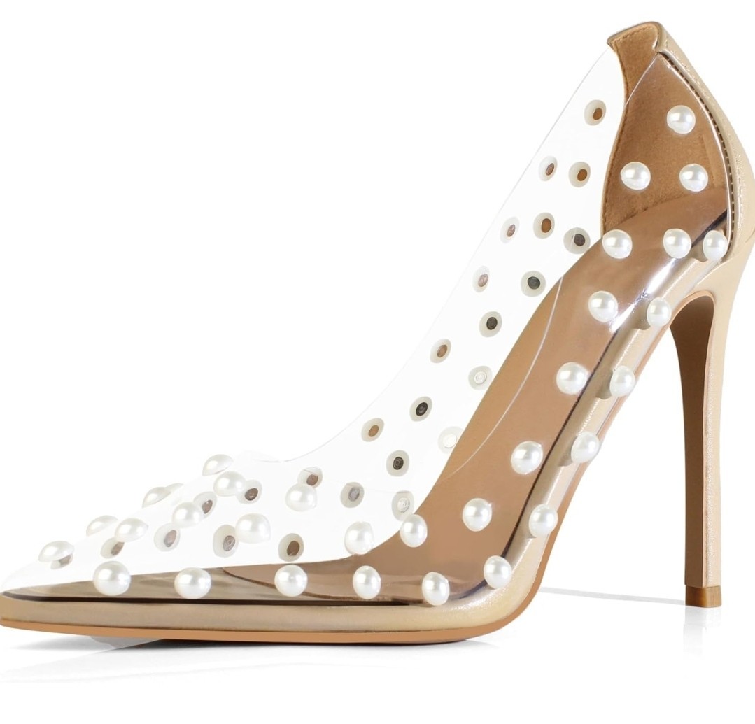 Women’s Pumps, 11cm Pointed Toe Women High Heel Pearl Studded Clear Heels Shoes