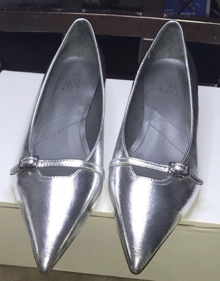 Franco Sarto Silver Leather Solid Pointed Toe Pump Heels Buckle Slip On 7M