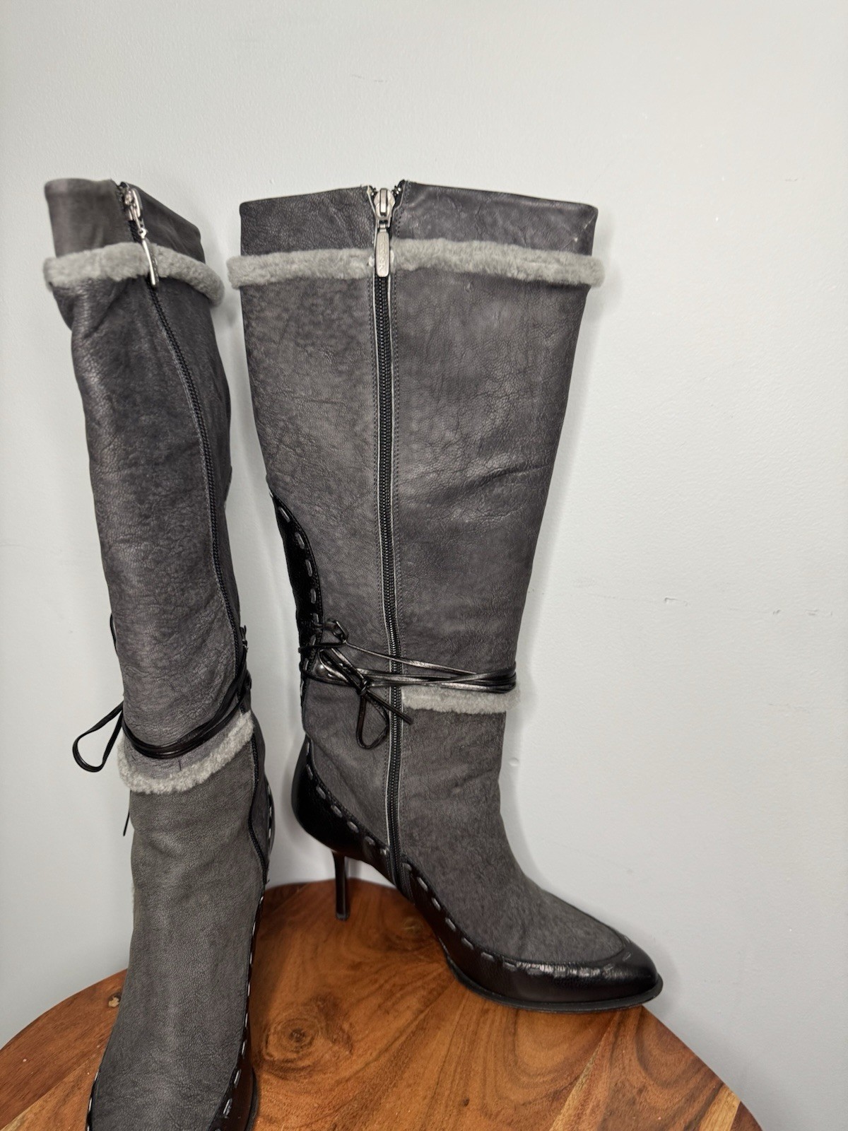 Michelle K High Heel Tall Leather Boots Black Gray Size 8