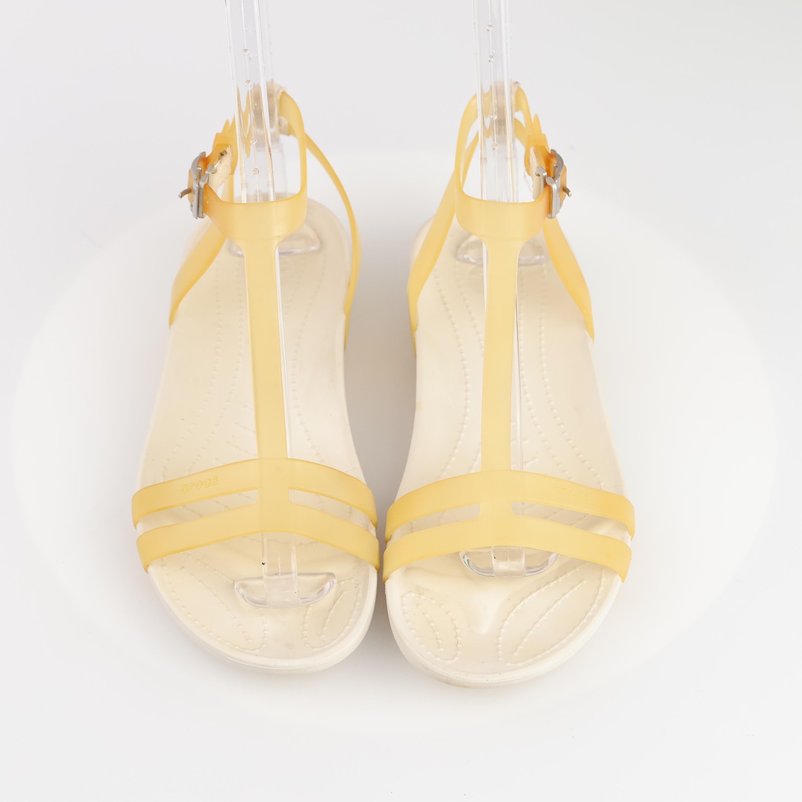 Crocs Womens Sexi Sandals Size 8 Yellow Strappy T-Strap Ankle Strap Flat Shoes