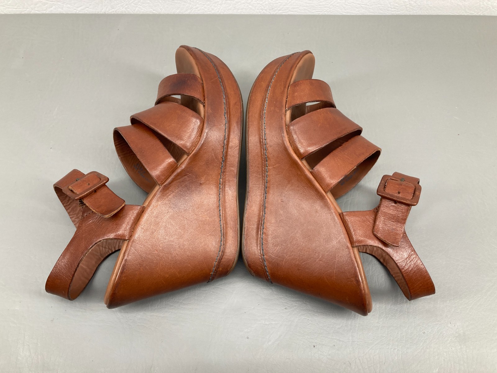 Kork Ease Womens Wedge Sandals Size 6.5 Brown Leather Platform Ankle Strap