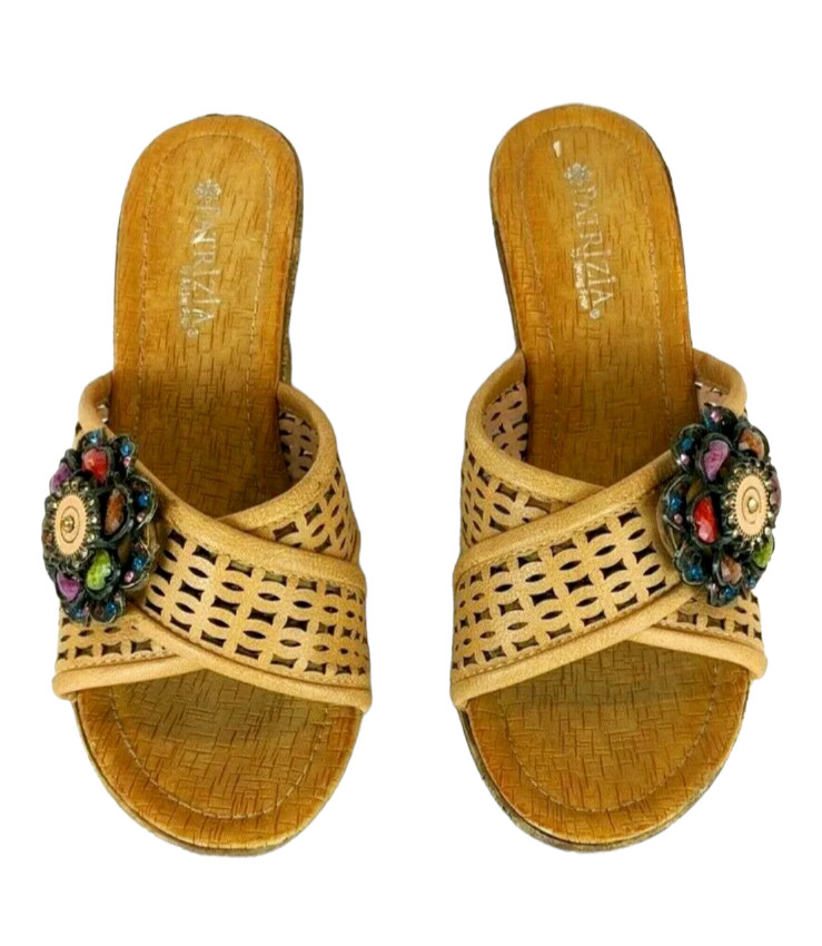 Patrizia by Spring Step Bell Tan Embellished Slide Wedge Sandals EU 40 / US 9