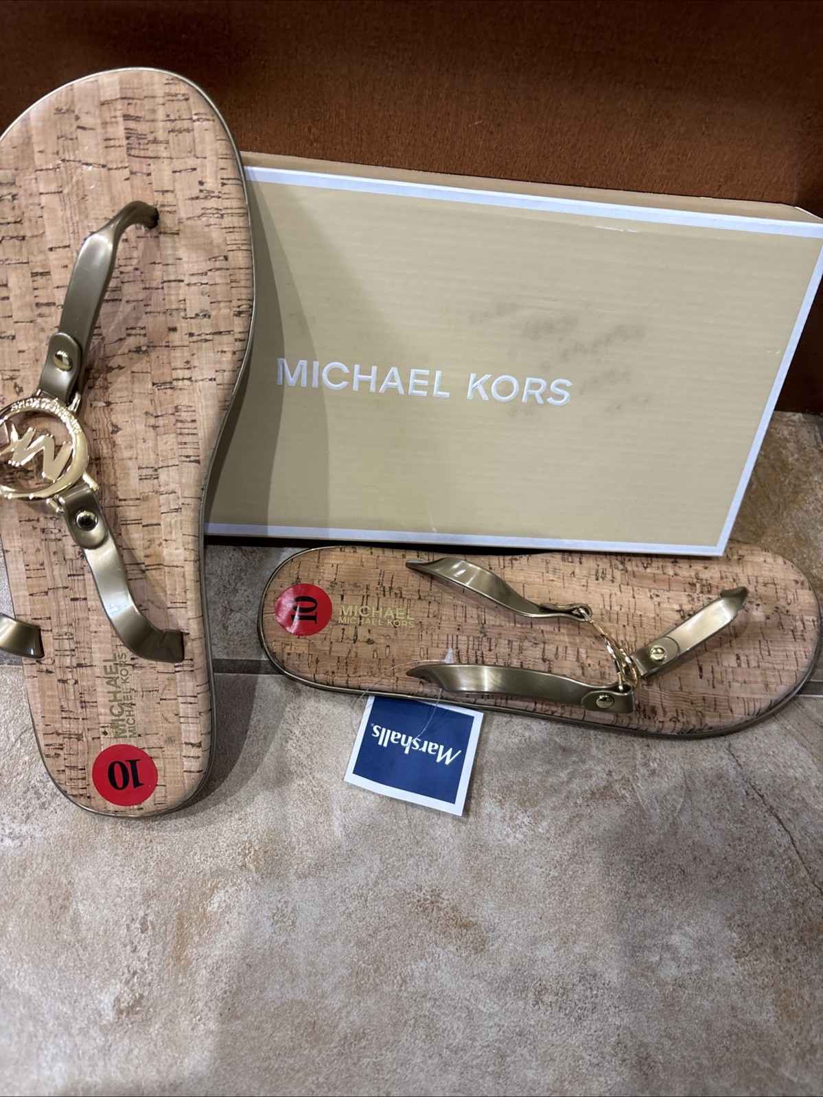 MICHAEL KORS Flip Flop Size 10M Black Cork Sandals Gold MK Logo Charm Jelly Sun