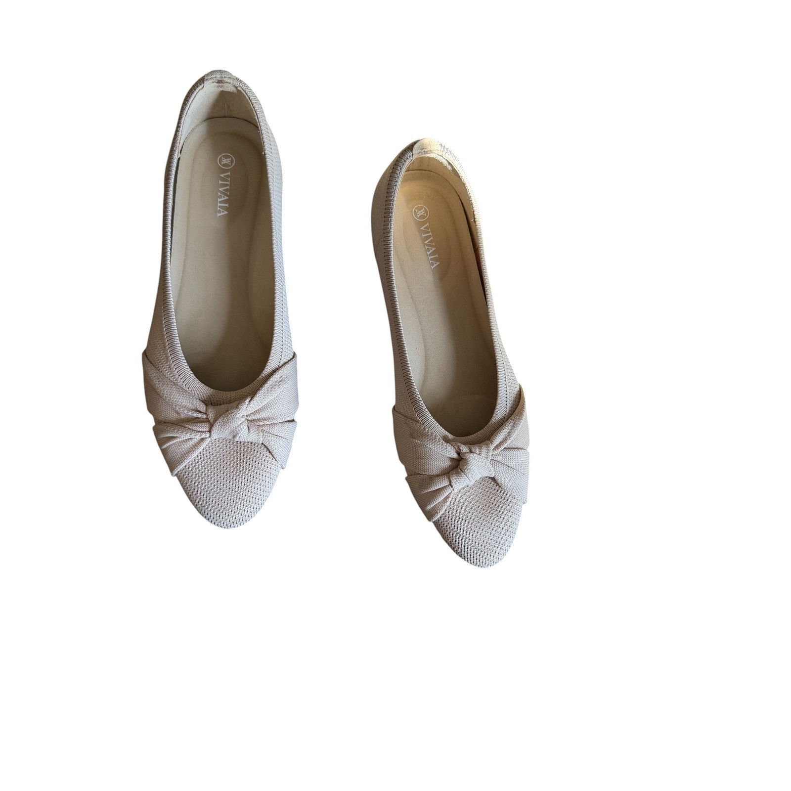 Vivaia Womens Almond Toe Knotted Flats Beige Knit Slip On Sustainable Shoes 8.5