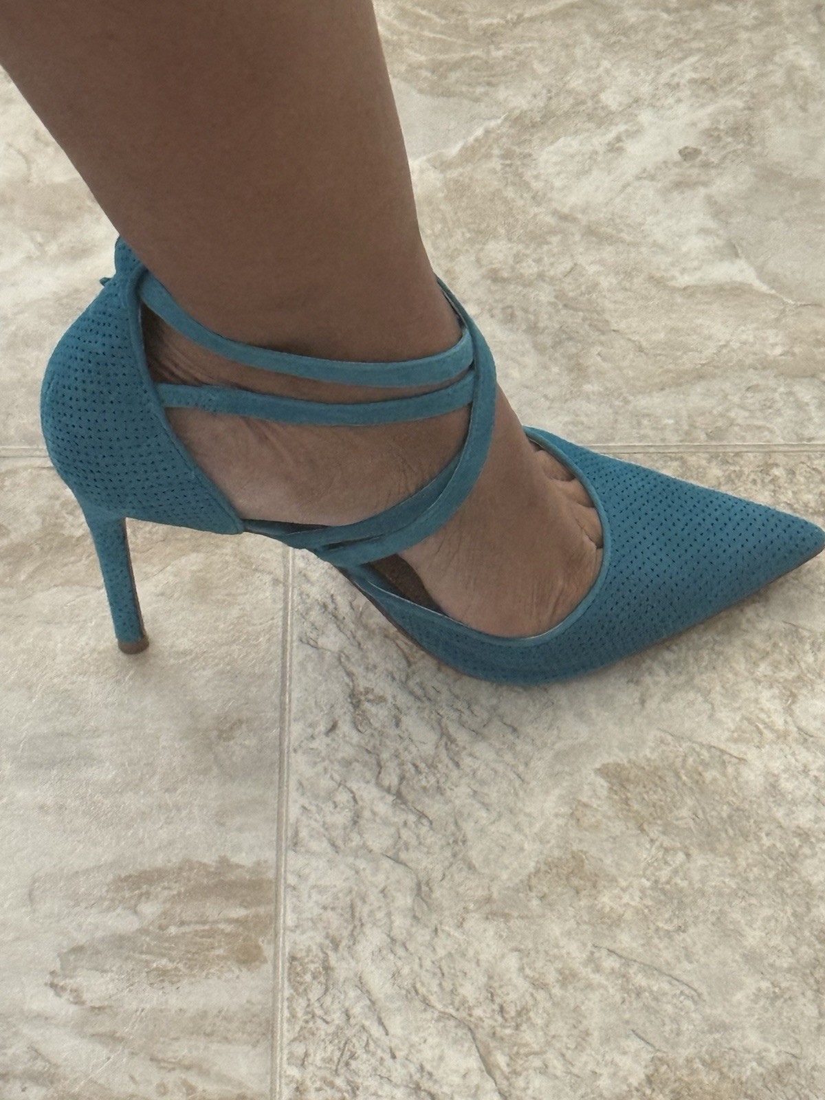 Nine West Blue Suede Strappy Ankle Strap Pointed Toe Stiletto Heels 9M