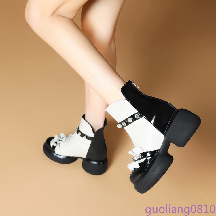 Matching Women’s Leather Ankle Boots Pearl Round Toe Back Zip Block Heel Fashion