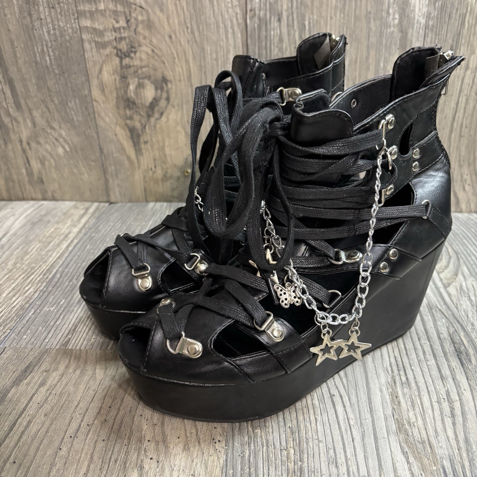 Goth Grunge Platform Gladiator Wedge Chain Charm Black Sandals Women’s 41/ 10