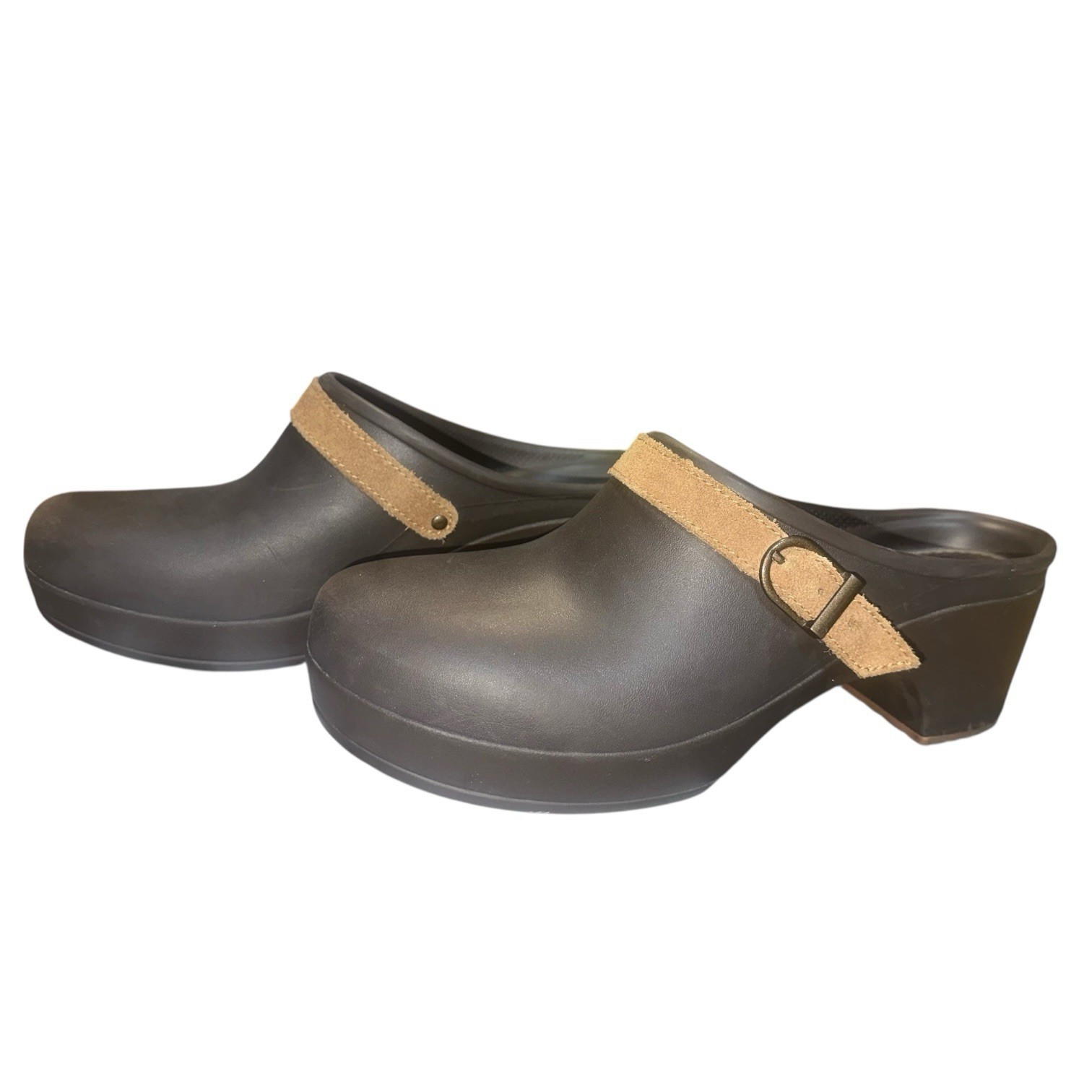Crocs Sarah Expresso Brown Mule Rubber Block Heel Slip-On Comfy Shoe (W8)