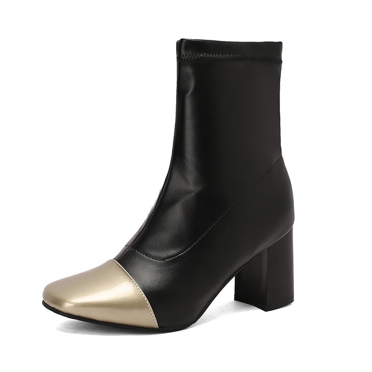 Women’s Faux Leather Patchwork Ankle Short Boots Block Heels Pull On Leisure OL